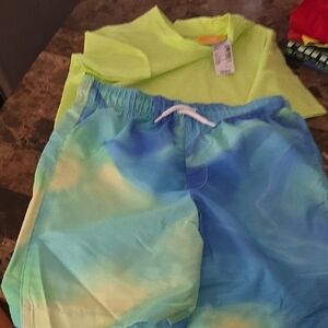 The Children's Place Neon Green Rashguard and Blue Swim Shorts